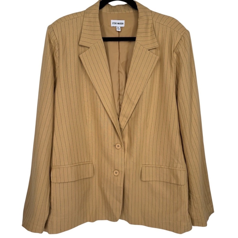 Steve Madden Womens Tan Pinstripe Linen Blend‎ Oversized Blazer Jacket Size XL